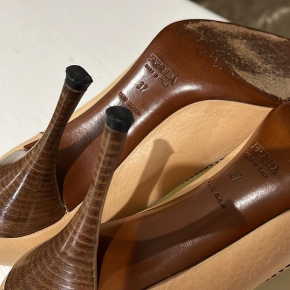 Vintage Prada Square-Toe Light Brown Leather Heels Velvet Bow EUR Size 37 (COA) - Picture 9 of 13